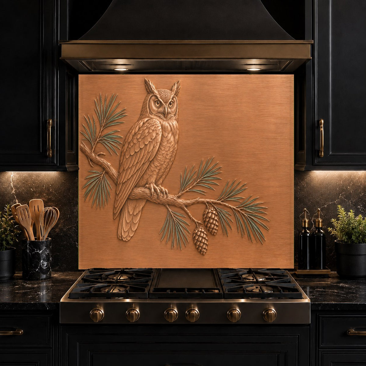 Pine Owl kitchen glass backsplash panel protecting a busy meal prep area