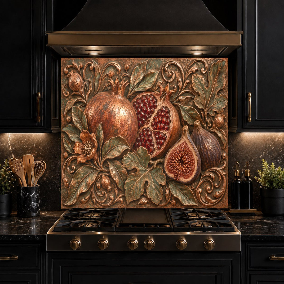Vibrant Pomegranate Fig glass kitchen backsplash panel installed in a farmhouse kitchen