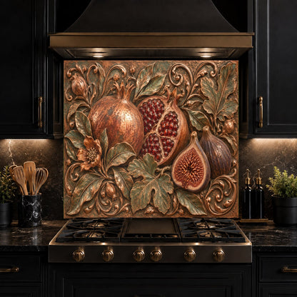 Vibrant Pomegranate Fig glass kitchen backsplash panel installed in a farmhouse kitchen