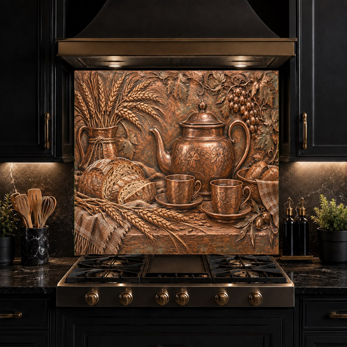 Coffee bar area styled with a Rustic Teatime glass backsplash panel