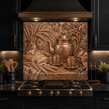 Coffee bar area styled with a Rustic Teatime glass backsplash panel