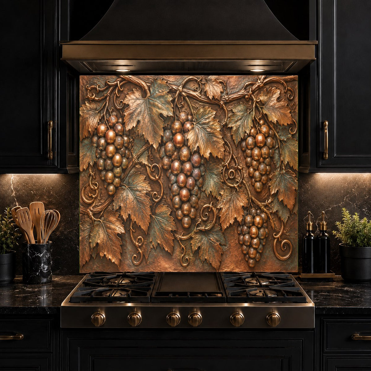 Heat-resistant Vineyard Grapes glass backsplash behind a high-end electric cooktop
