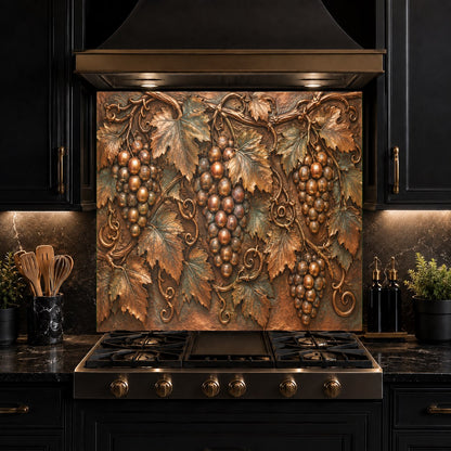 Heat-resistant Vineyard Grapes glass backsplash behind a high-end electric cooktop