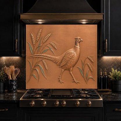 Vibrant nature glass backsplash panel protecting a kitchen island wall