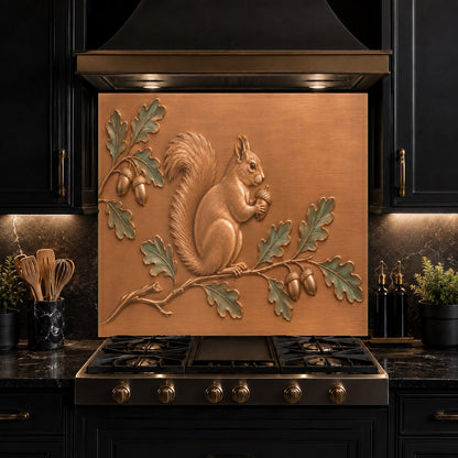 Close-up of the glossy, scratch-resistant surface of our acorn squirrel glass backsplash panel.