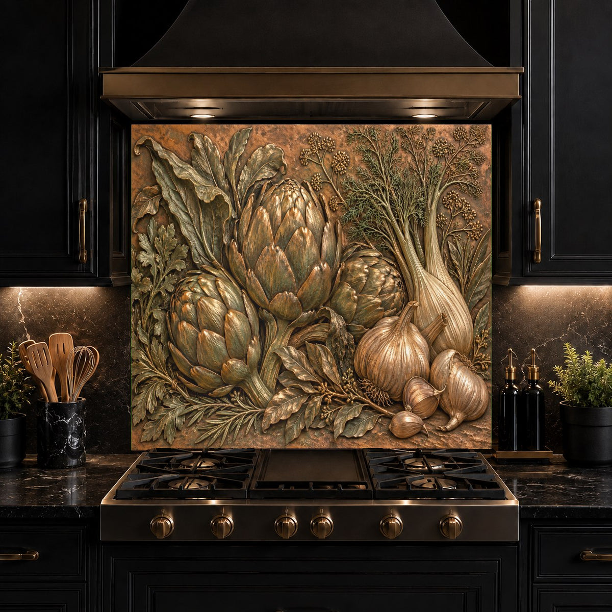 Artichoke garlic glass backsplash panel installed in a contemporary home bar area