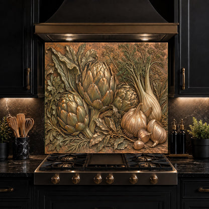 Artichoke garlic glass backsplash panel installed in a contemporary home bar area