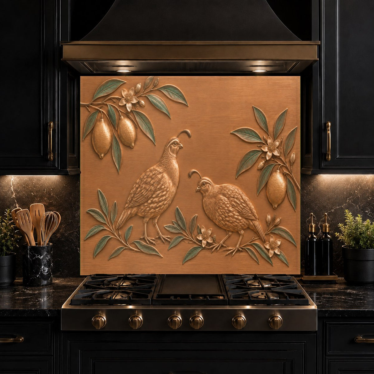 Kitchen glass backsplash panel featuring fruit and birds installed in a luxury home