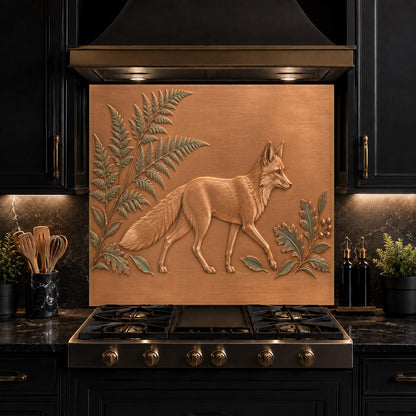 Sleek contemporary kitchen with a colorful Fern Fox glass backsplash panel behind a flat cooktop.