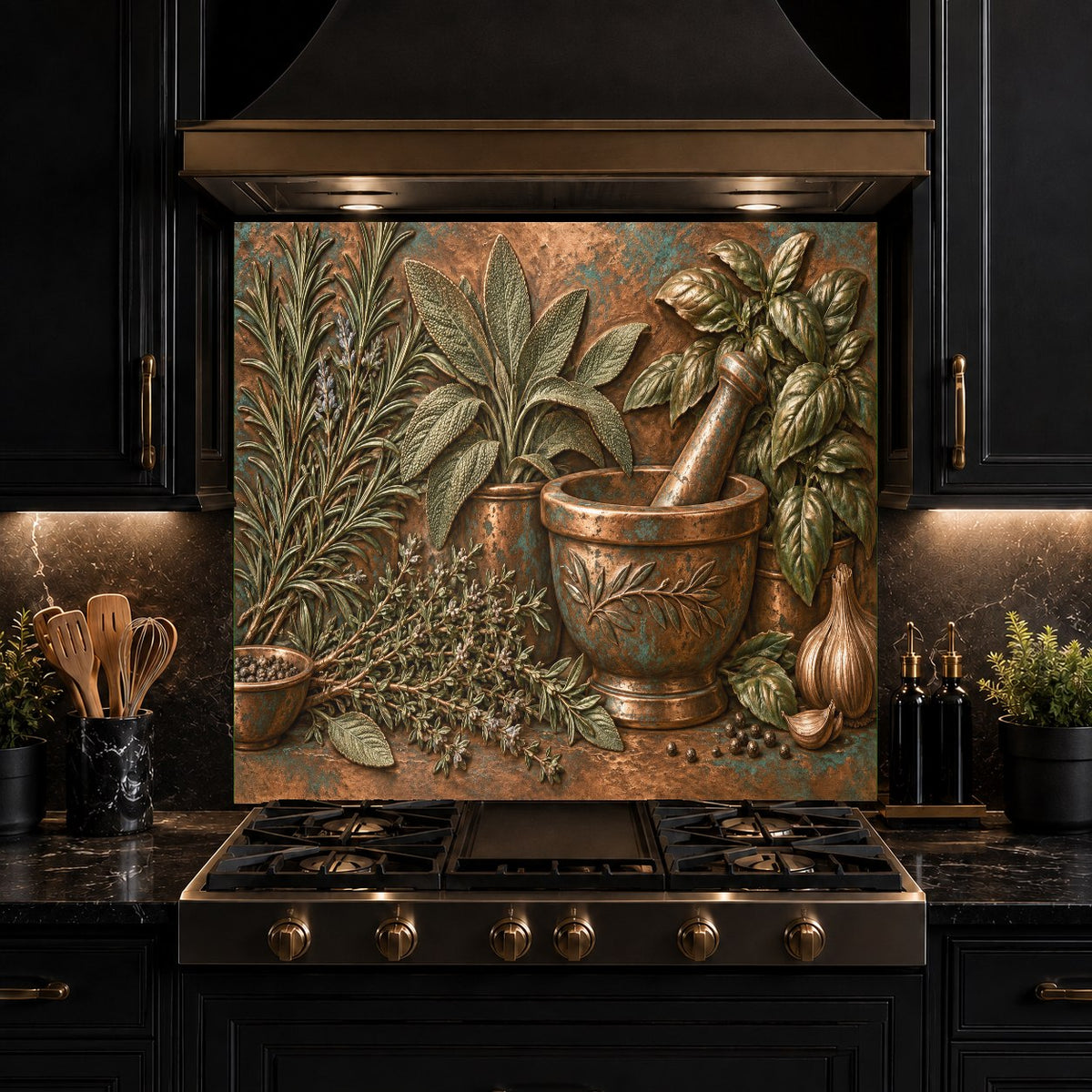 Custom-sized glass kitchen backsplash panel installed in a modern cooking space