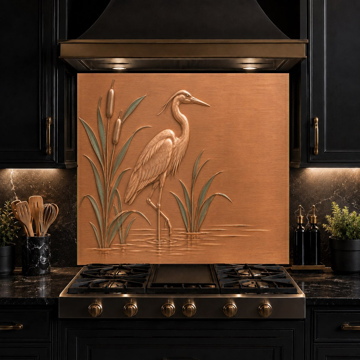 Detailed view of heron marsh tempered glass kitchen backsplash panel