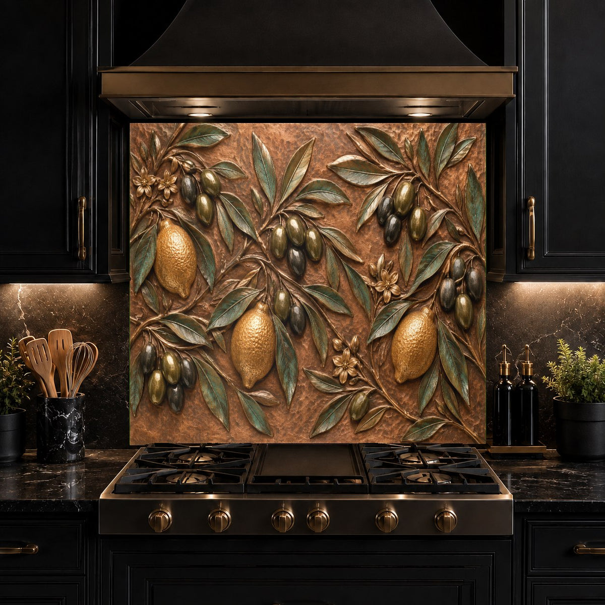 Bright lemon and olive motif tempered glass backsplash behind a kitchen island sink