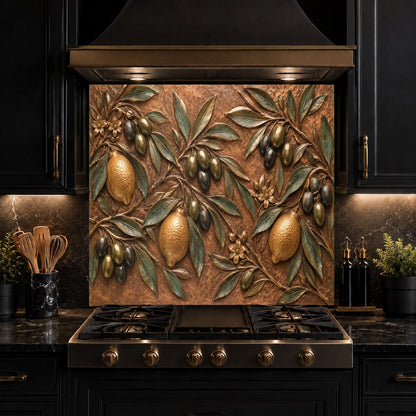 Bright lemon and olive motif tempered glass backsplash behind a kitchen island sink
