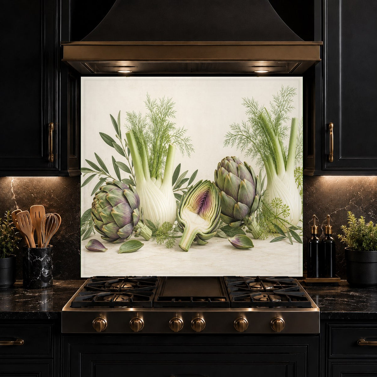 Botanical themed kitchen glass backsplash panel reflecting natural light