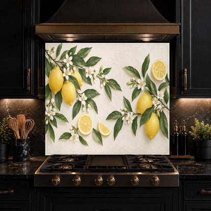 Close-up of heat-resistant lemon blossom glass backsplash behind an electric stove
