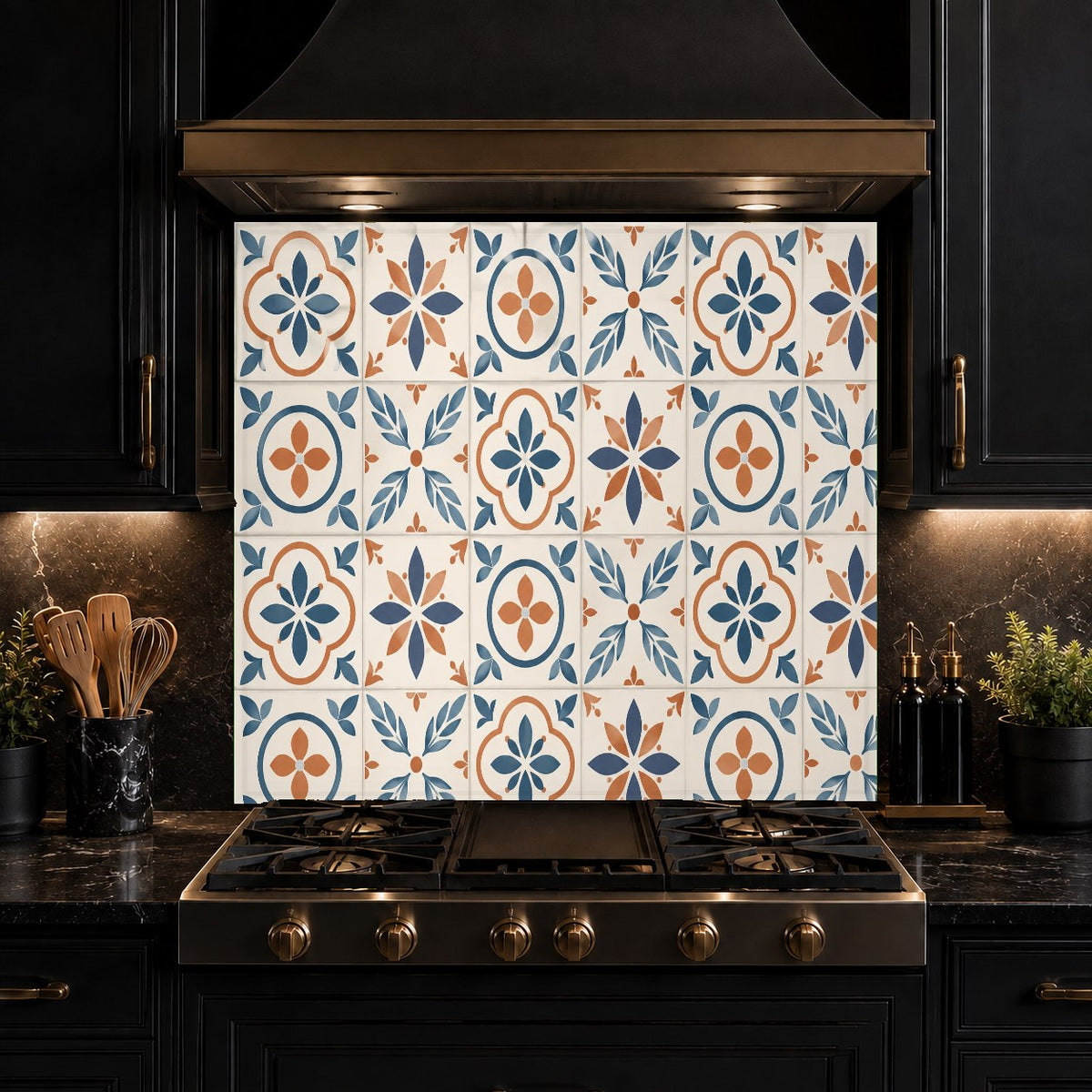 Mediterranean tiles glass panel protecting the wall behind a farmhouse kitchen sink