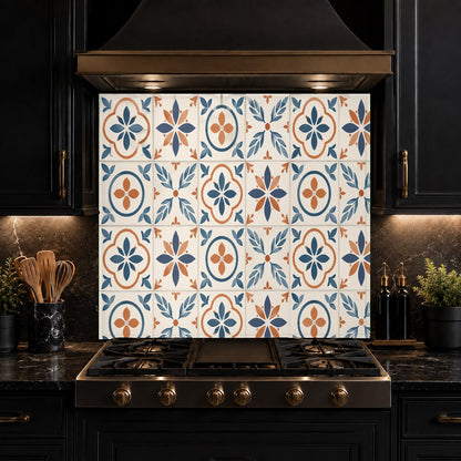Mediterranean tiles glass panel protecting the wall behind a farmhouse kitchen sink