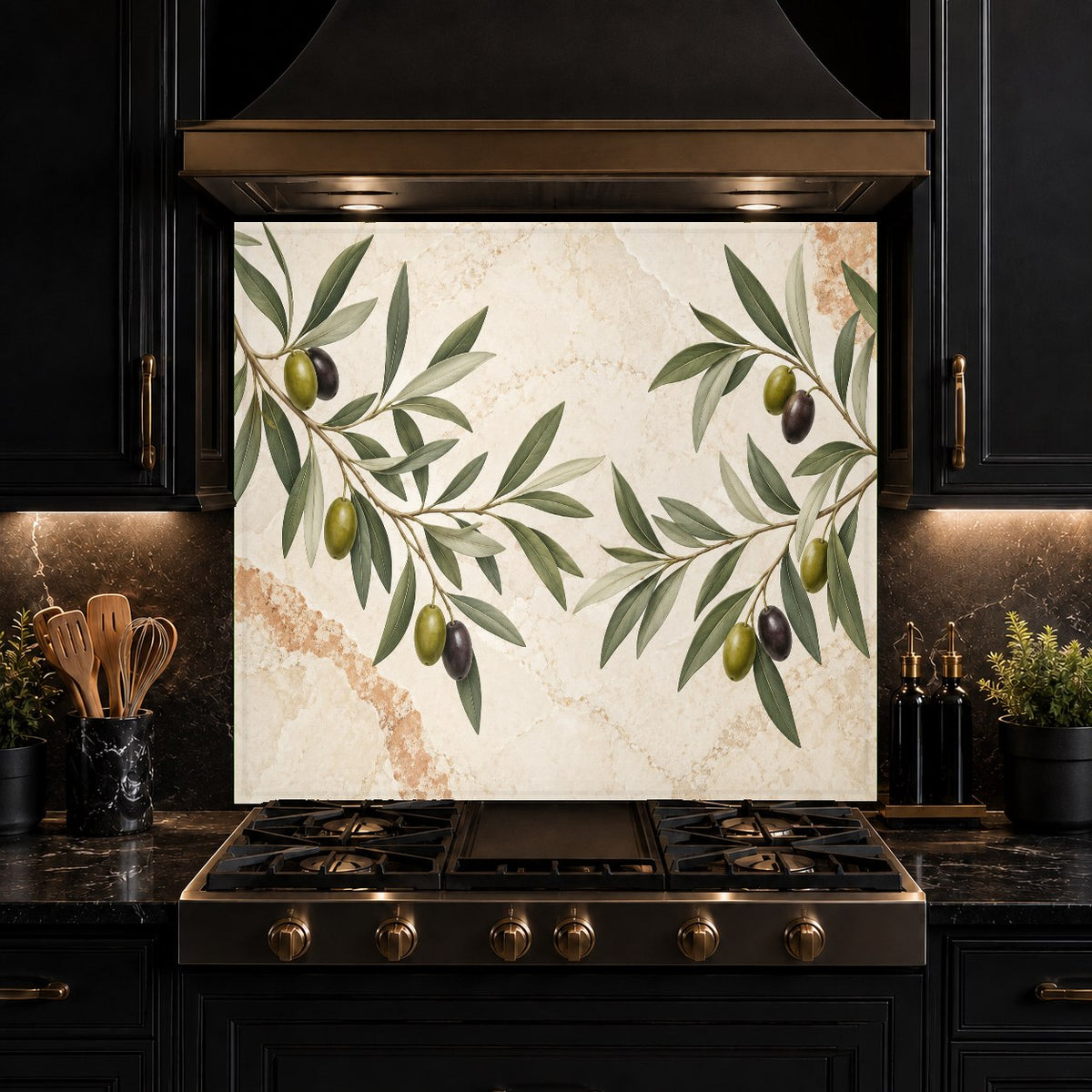 Heat-resistant olive branch glass kitchen backsplash protecting wall behind a range hood