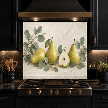 Botanical kitchen glass backsplash creating a clean, grout-free cooking zone