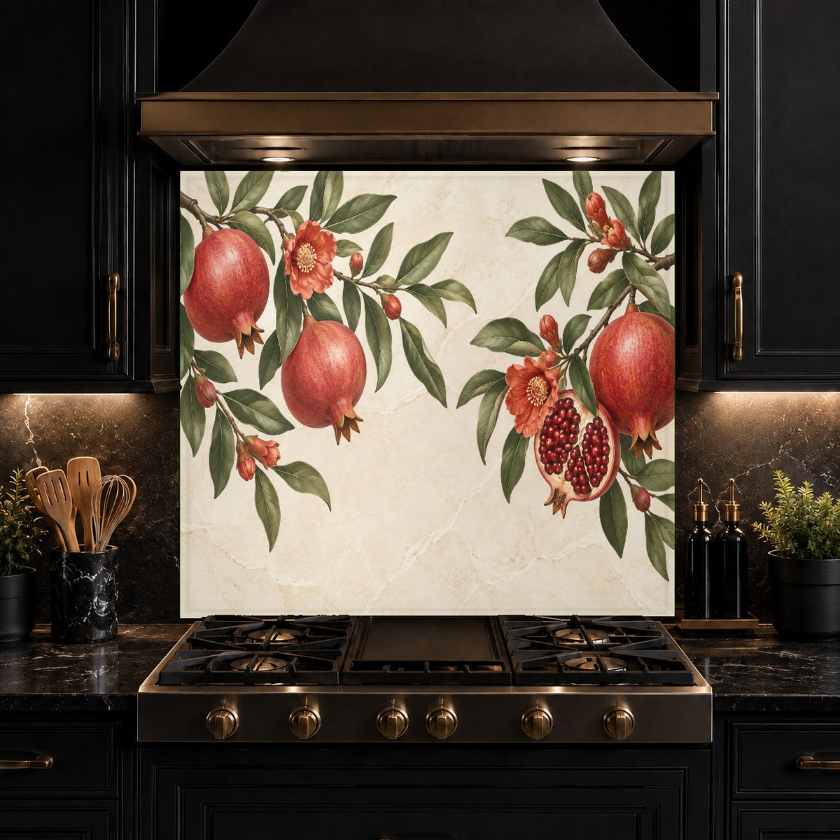 Heat-resistant glass kitchen backsplash panel installed in a farmhouse kitchen