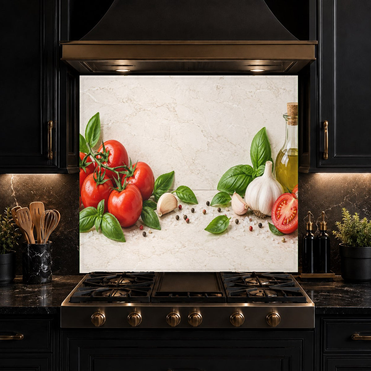 Glossy tempered glass splash guard with red tomatoes behind a kitchen range