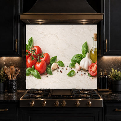 Glossy tempered glass splash guard with red tomatoes behind a kitchen range
