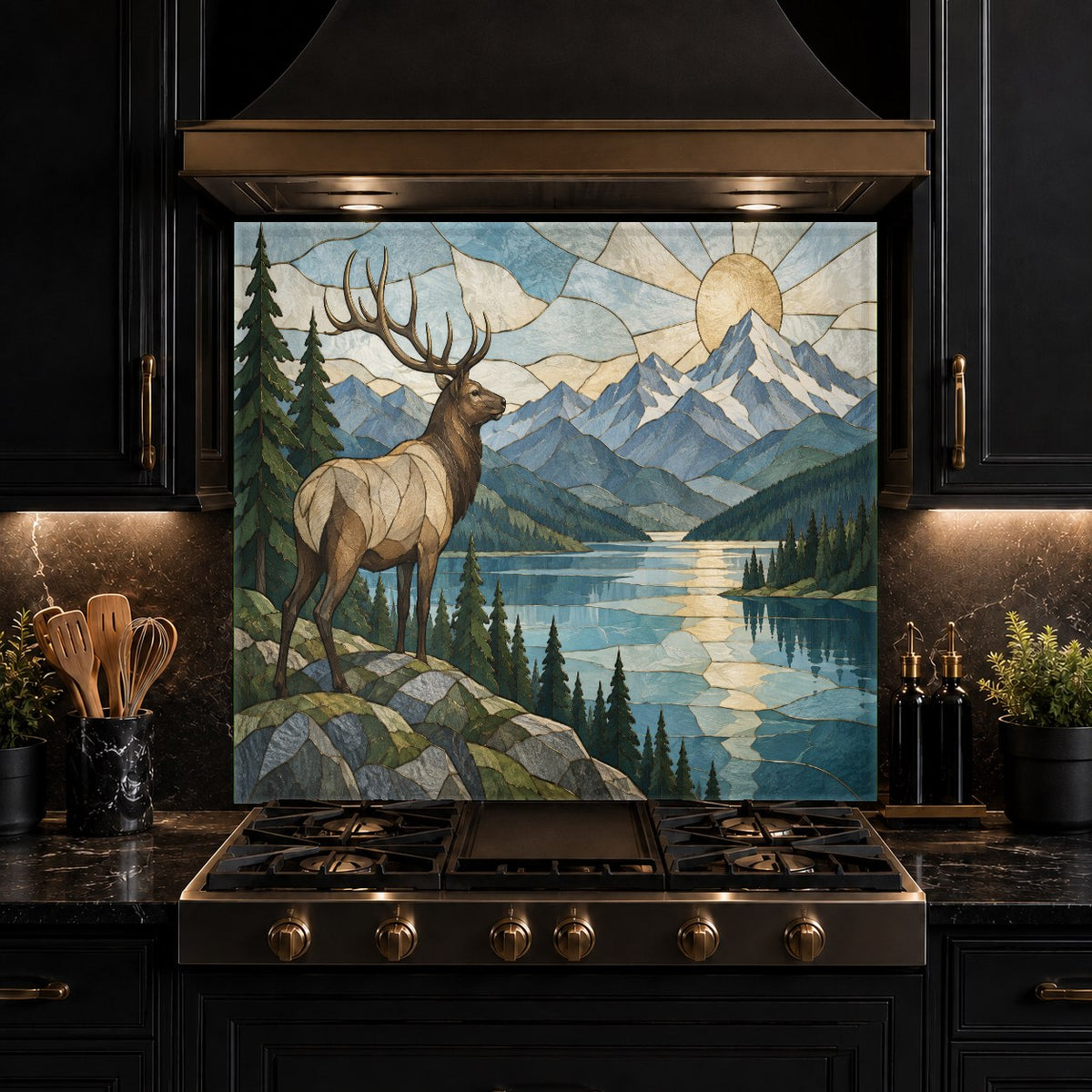 Easy-to-clean tempered glass cooktop backsplash panel with high-gloss elk and river wilderness print.