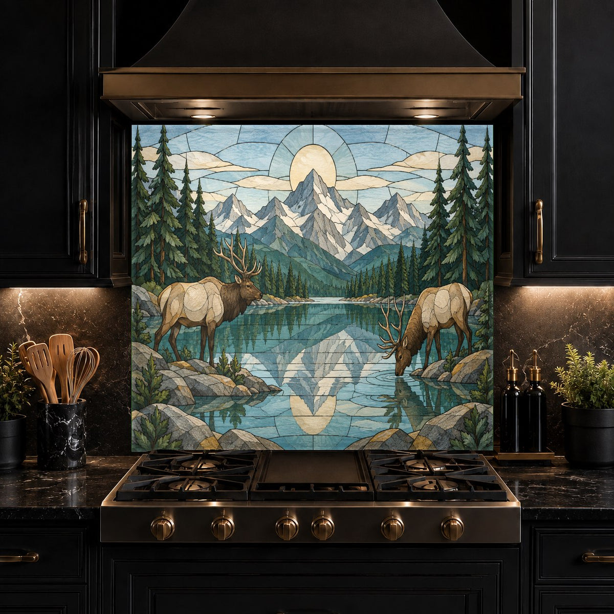 Modern country kitchen with a custom-fit deer mountain river glass stove guard backsplash panel and granite countertops.