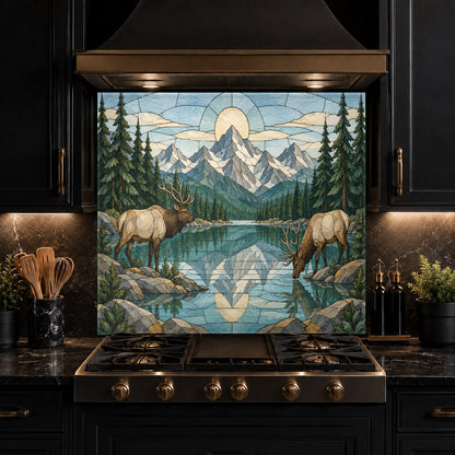 Modern country kitchen with a custom-fit deer mountain river glass stove guard backsplash panel and granite countertops.