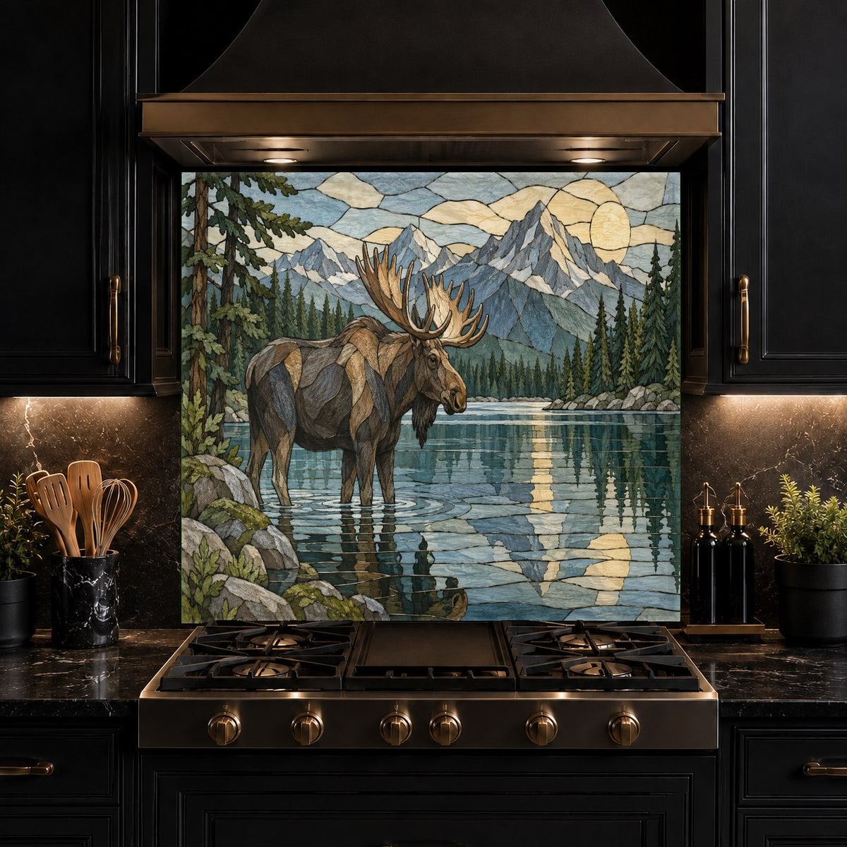 Custom sized Elk Mountain River glass backsplash mounted on a clean kitchen wall