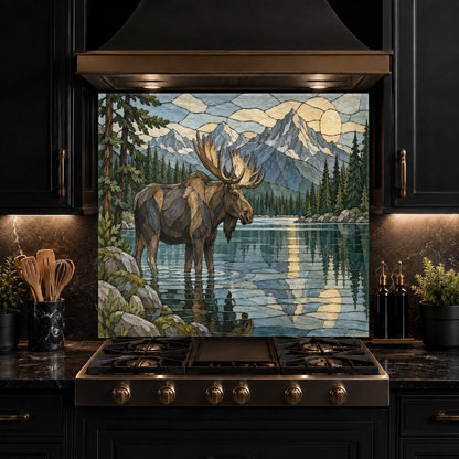 Custom sized Elk Mountain River glass backsplash mounted on a clean kitchen wall