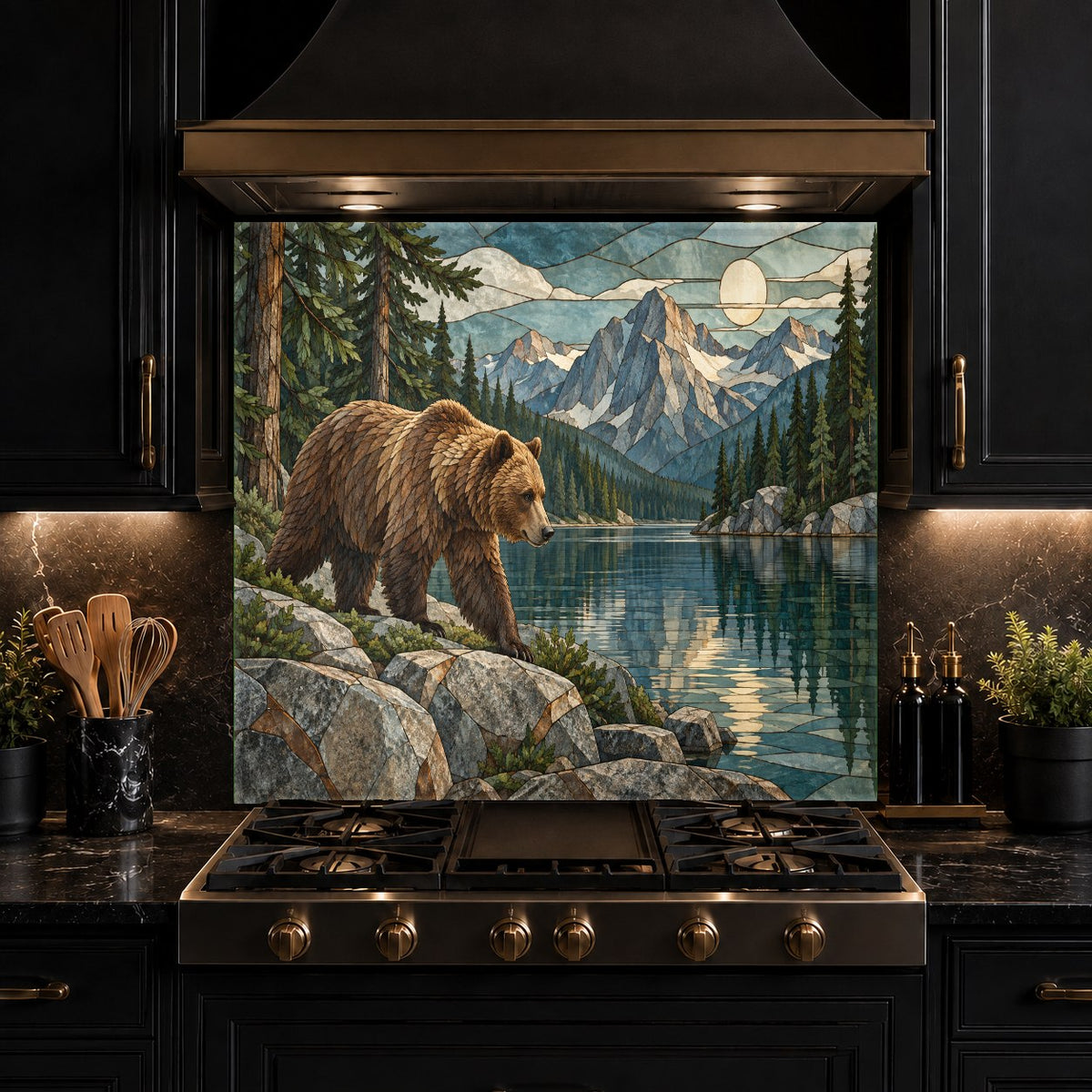 Wildlife themed kitchen glass panel with a mountain bear scene installed as an easy-to-clean sink backsplash.