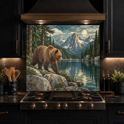 Wildlife themed kitchen glass panel with a mountain bear scene installed as an easy-to-clean sink backsplash.