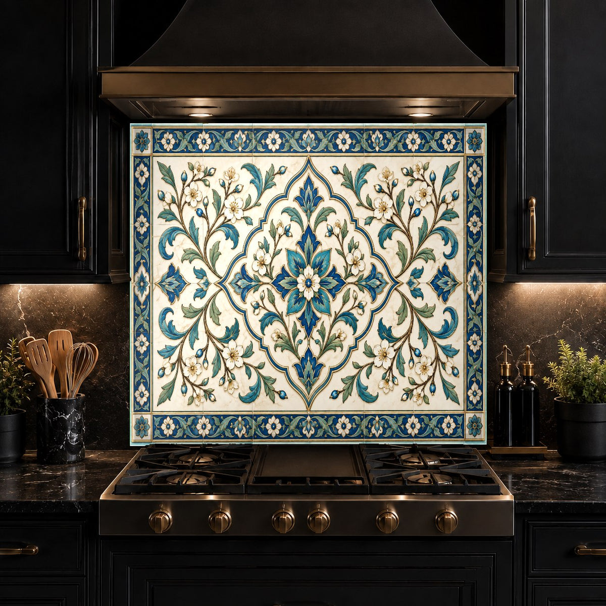Custom sized tile look tempered glass backsplash panel fitted perfectly between cabinets in a bright kitchen.