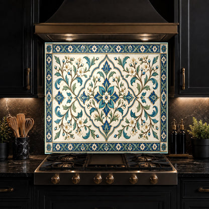 Custom sized tile look tempered glass backsplash panel fitted perfectly between cabinets in a bright kitchen.