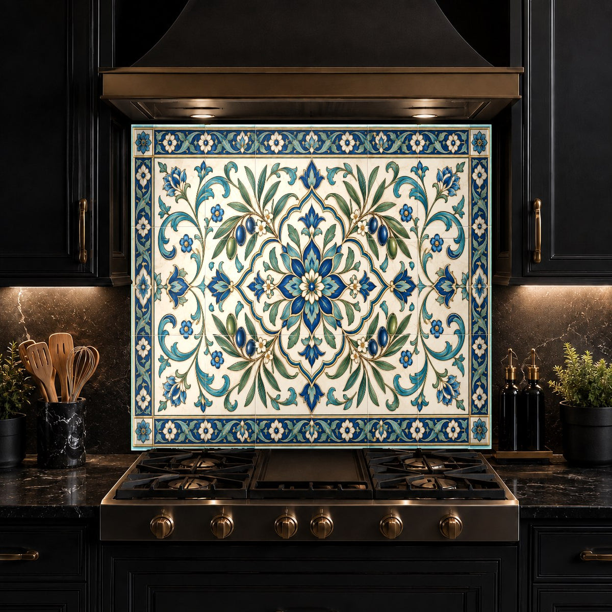 Close-up of high-gloss tempered glass kitchen backsplash behind a stove