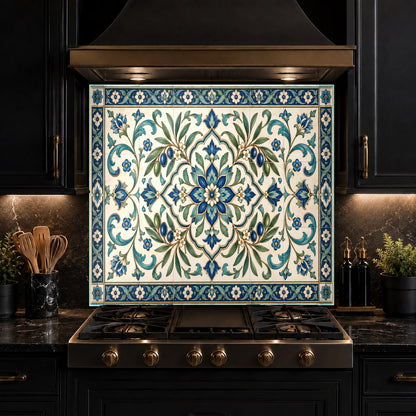 Close-up of high-gloss tempered glass kitchen backsplash behind a stove