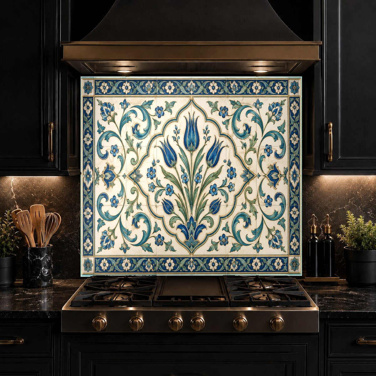 Full kitchen view showing glossy tempered glass backsplash behind electric cooktop