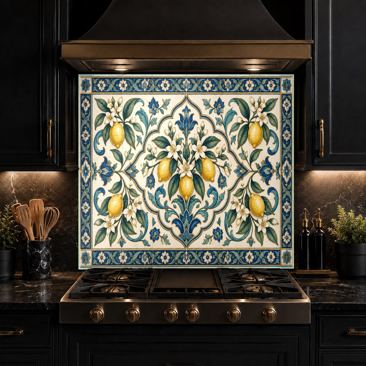 Lemon tile glass splash guard installed in a white farmhouse kitchen