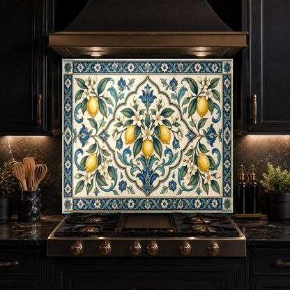 Lemon tile glass splash guard installed in a white farmhouse kitchen