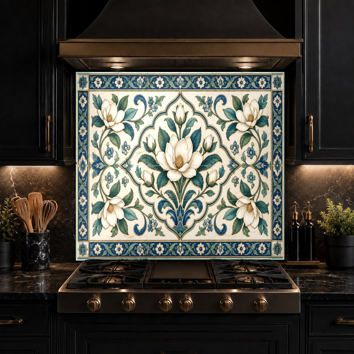 Mediterranean Grace kitchen glass panel behind an electric cooktop