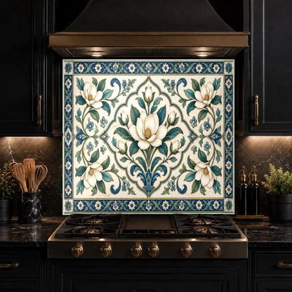 Mediterranean Grace kitchen glass panel behind an electric cooktop