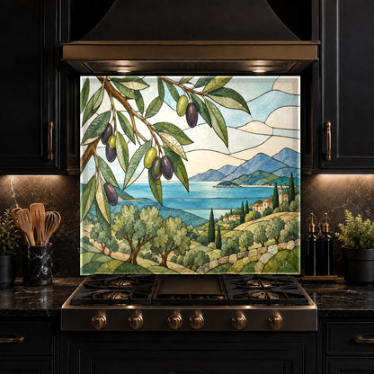 Earthy green kitchen glass backsplash showcasing vibrant UV-printed details