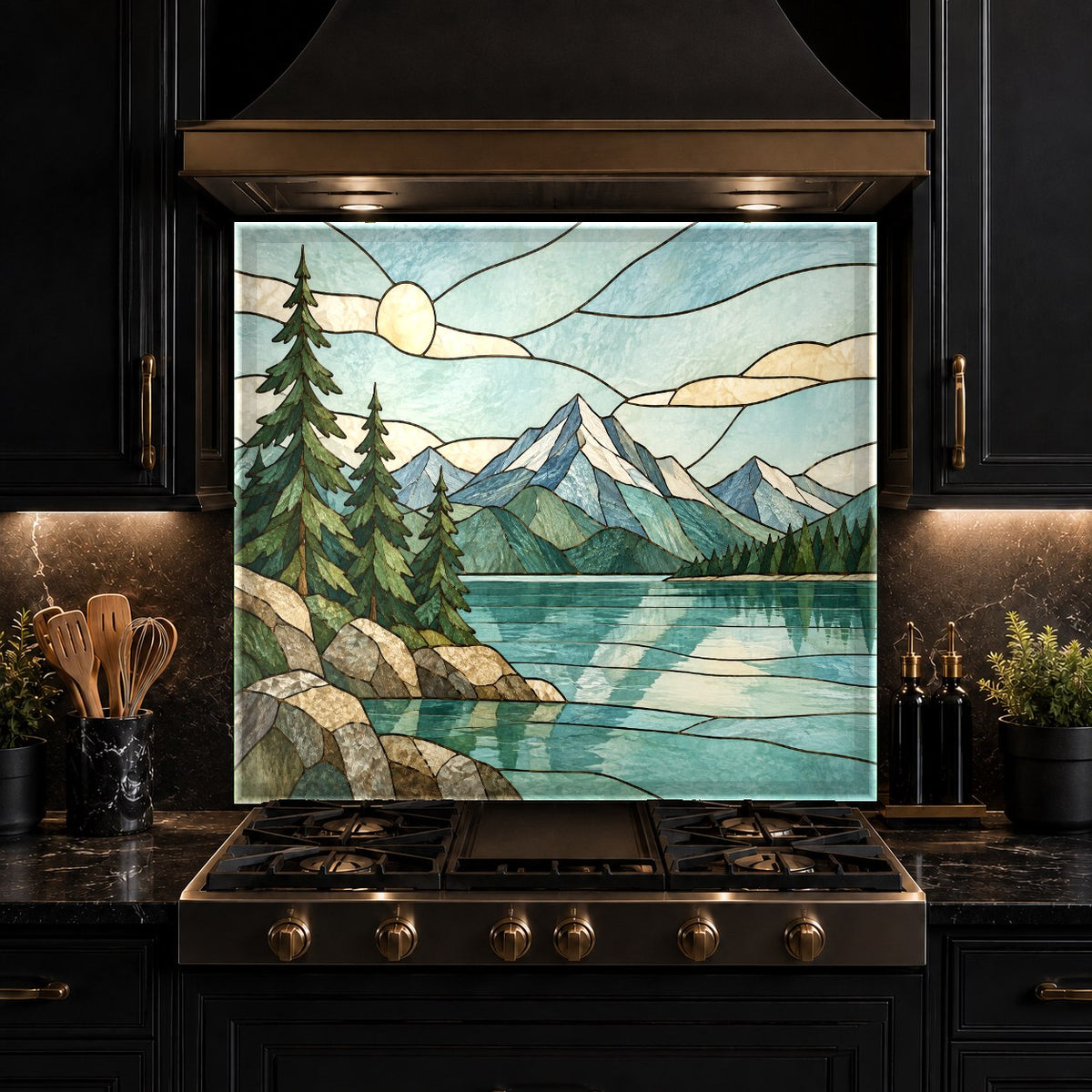 Stained glass lake landscape glass backsplash above a quartz kitchen countertop