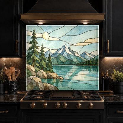 Stained glass lake landscape glass backsplash above a quartz kitchen countertop