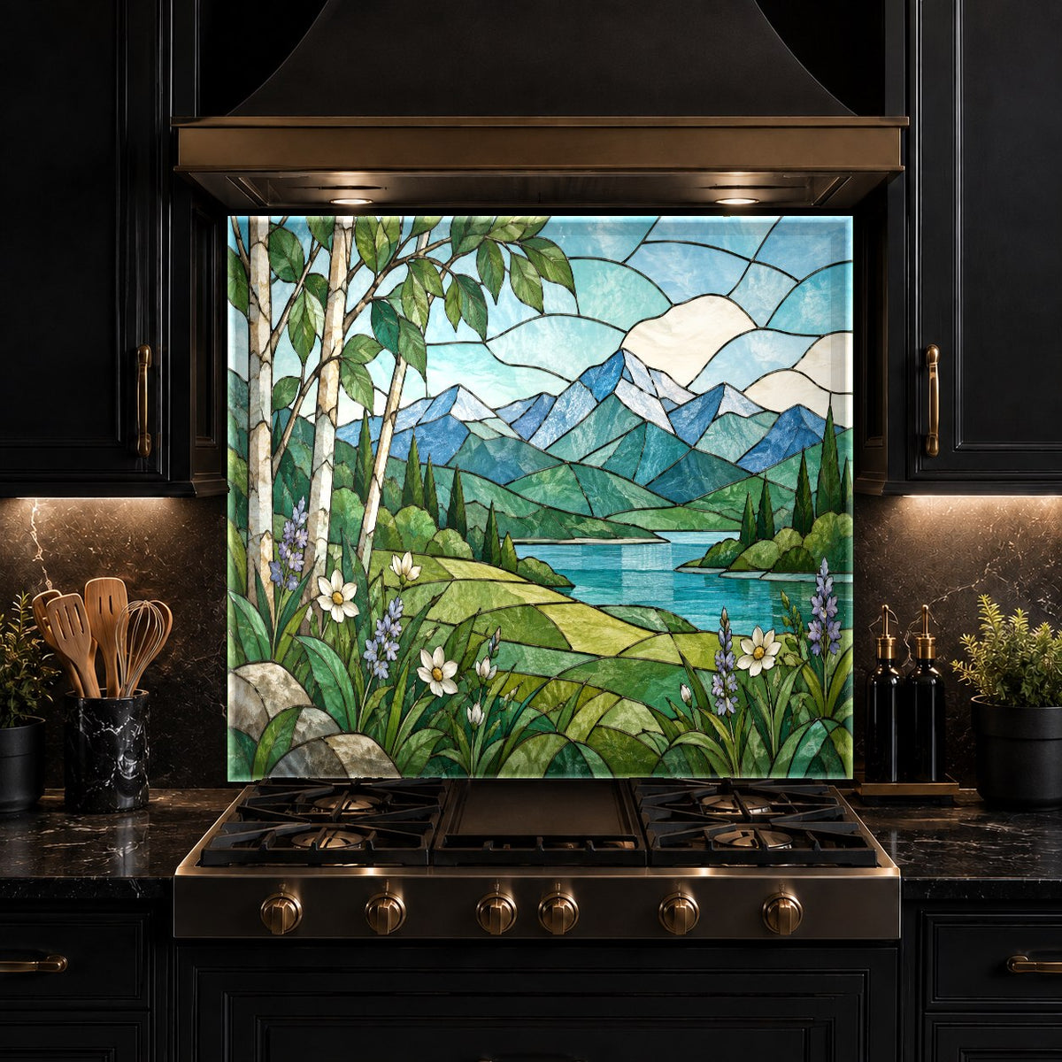 Modern kitchen featuring a nature stained glass backsplash and clean countertops