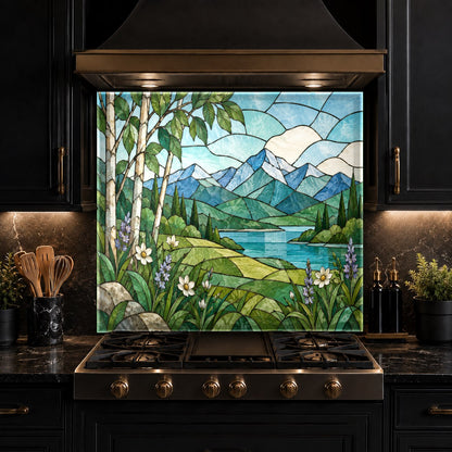 Modern kitchen featuring a nature stained glass backsplash and clean countertops
