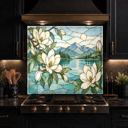 Magnolia Stained glass backsplash protecting the wall behind an electric cooktop