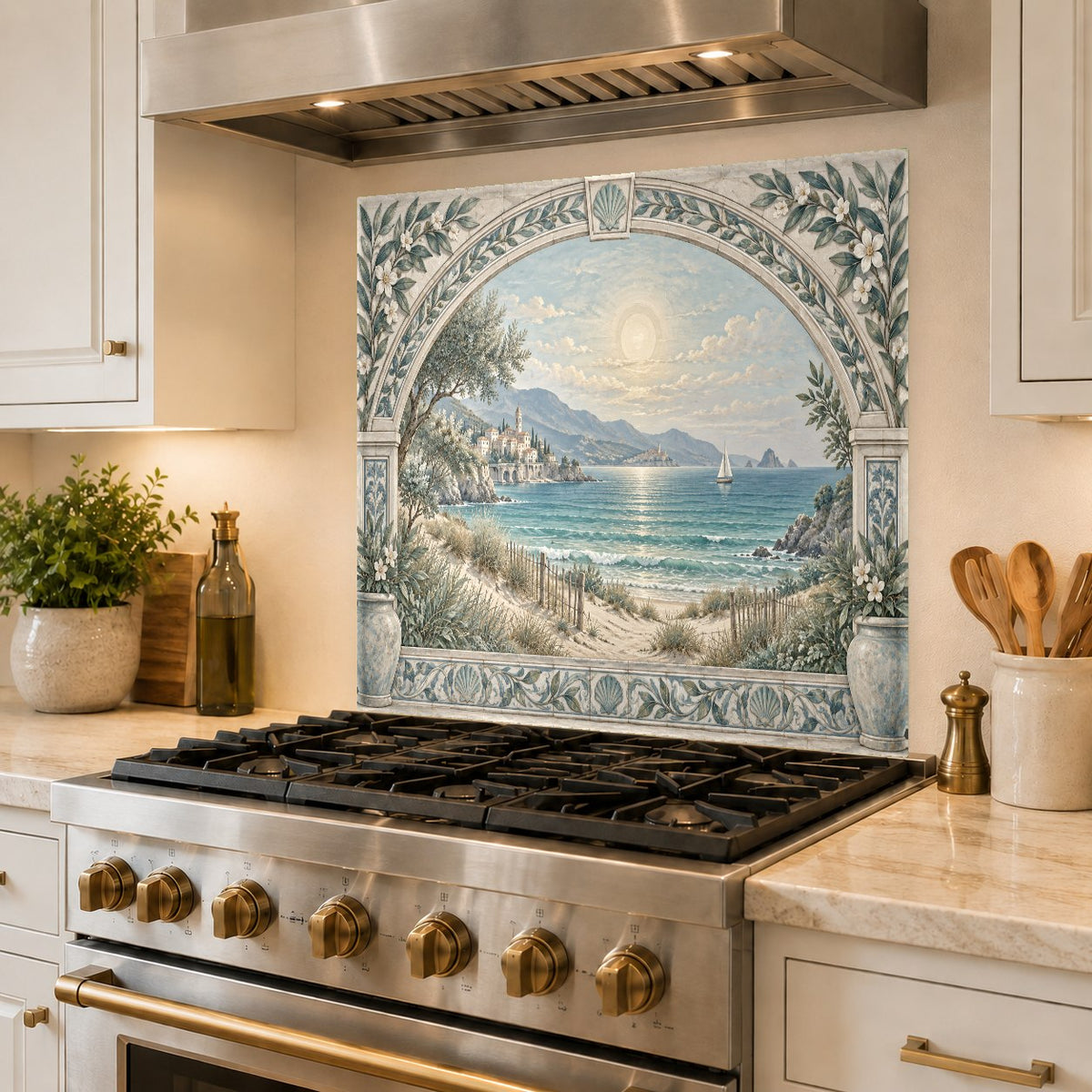 Modern coastal glass backsplash providing heat protection and easy-to-clean utility behind a kitchen range.