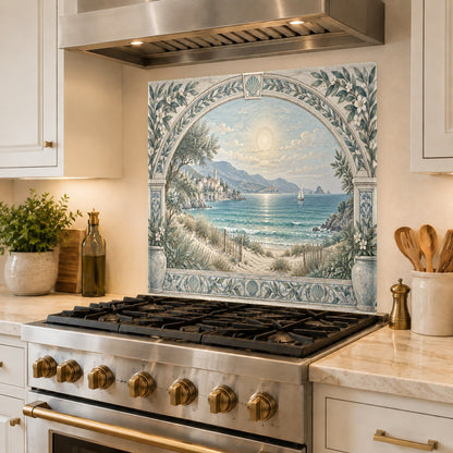 Modern coastal glass backsplash providing heat protection and easy-to-clean utility behind a kitchen range.